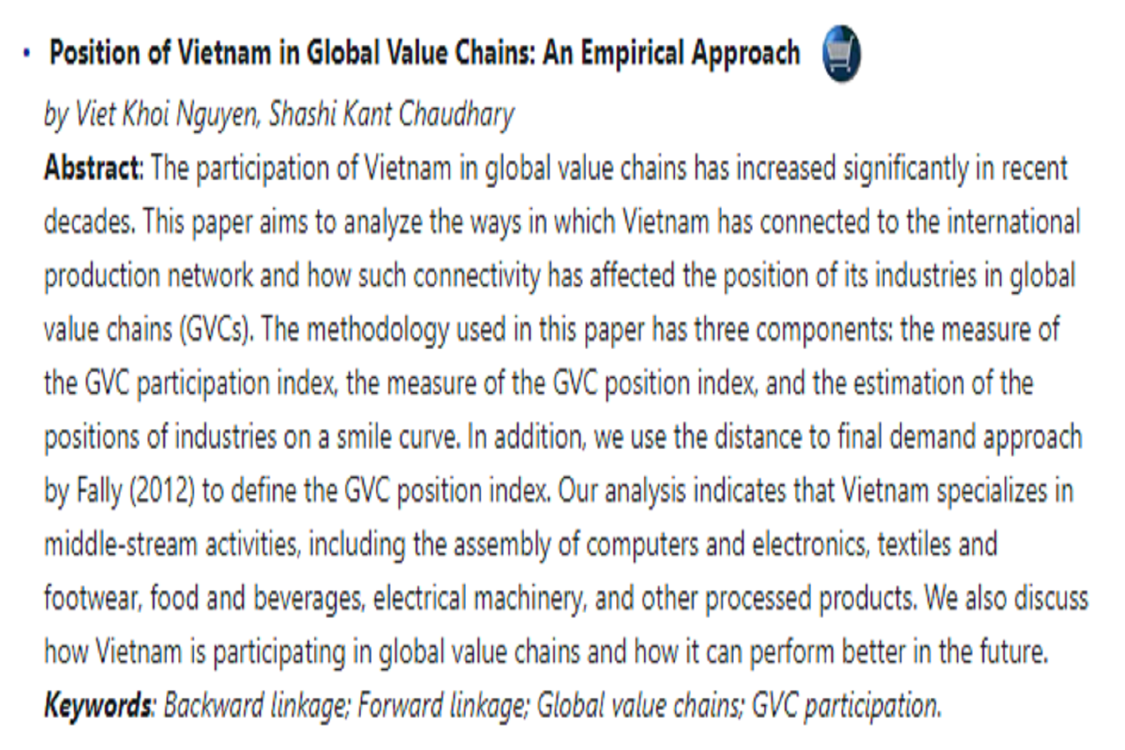 Vị thế của Việt Nam trong chuỗi giá trị toàn cầu: Cách tiếp cận thực nghiệm
