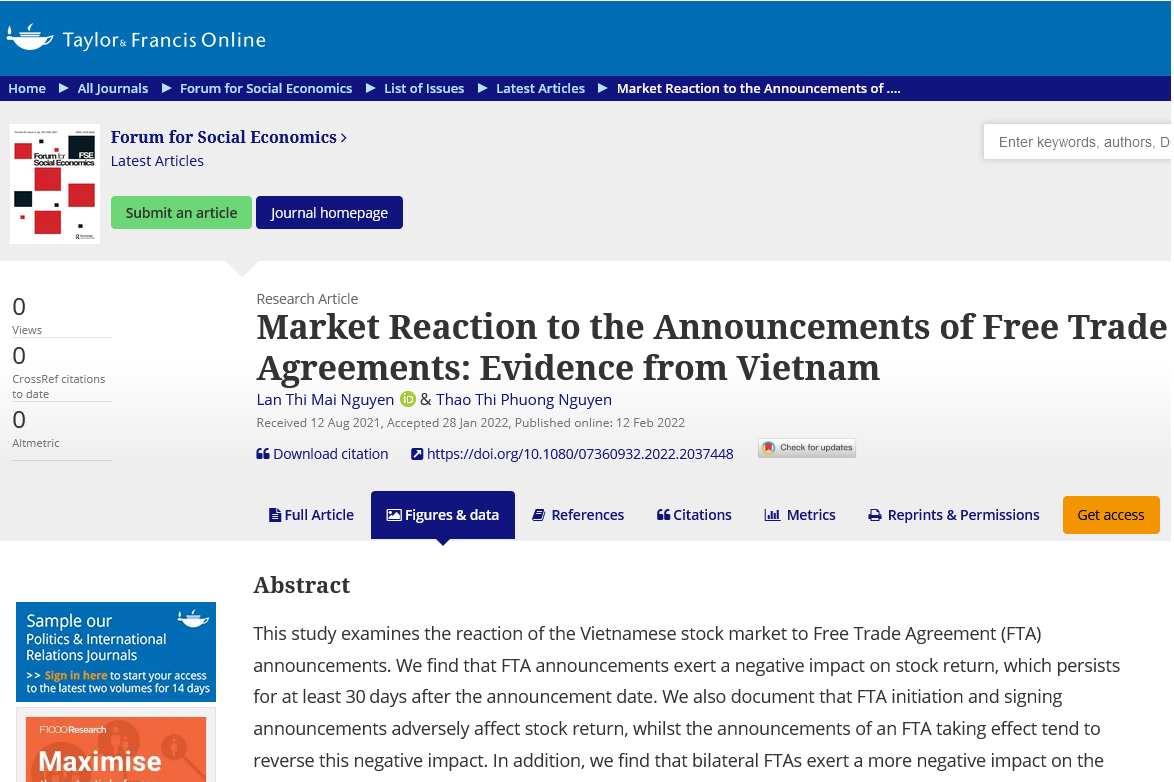 Phản ứng thị trường đối với các công bố về việc ký kết các hiệp định thương mại tự do: Bằng chứng từ Việt Nam 