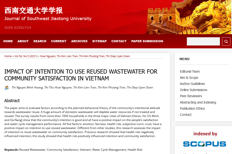 Tác động của ý định tái sử dụng nước thải đến sự hài lòng của cộng đồng tại Việt Nam
