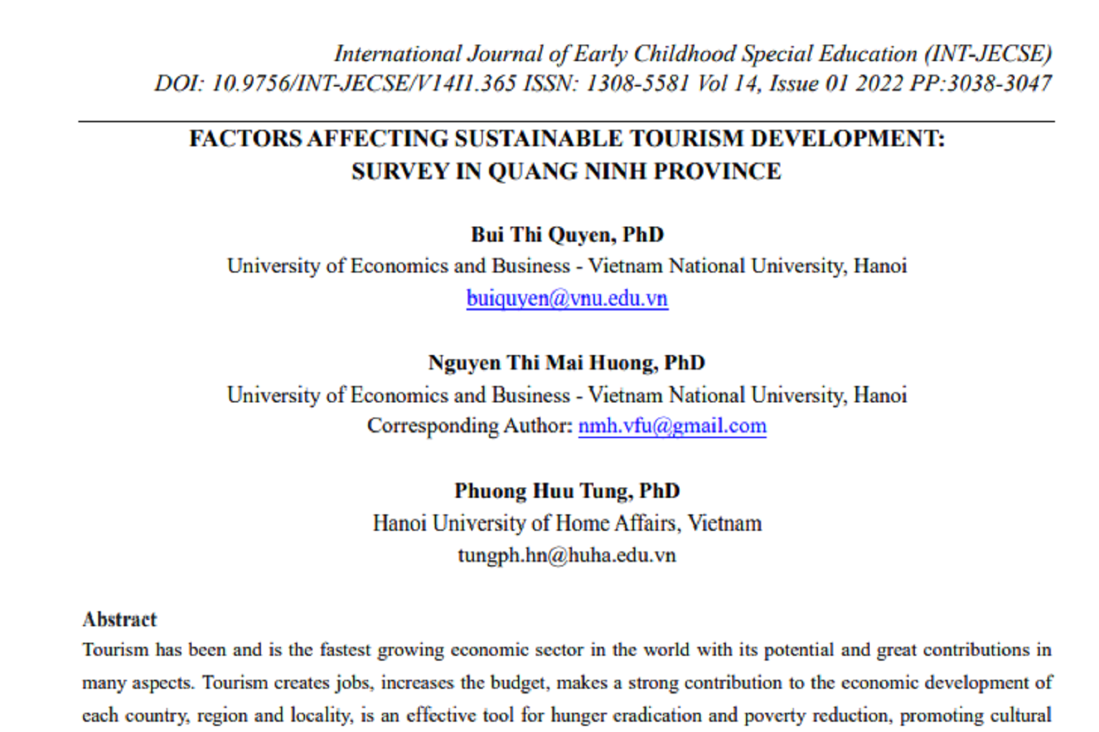Các nhân tố tác động tới phát triển du lịch bền vững: Nghiên cứu tại tỉnh Quảng Ninh