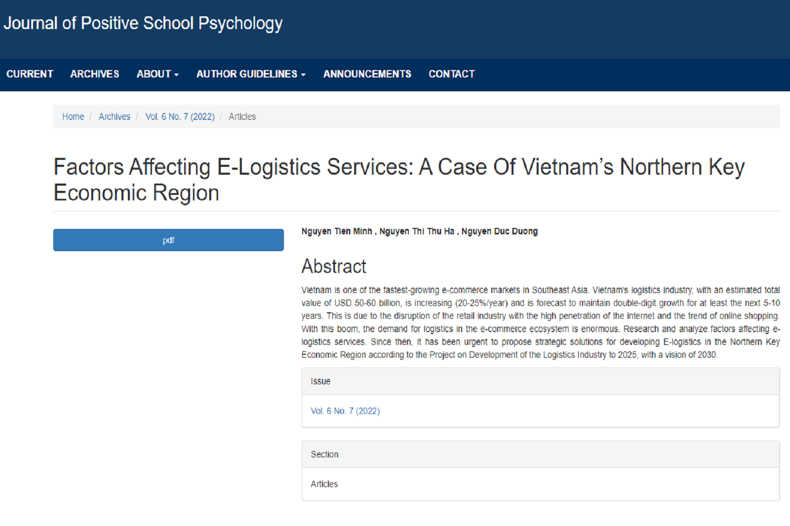 Các yếu tố ảnh hưởng đến dịch vụ e-logistics:  Trường hợp Vùng kinh tế trọng điểm Bắc Bộ của Việt Nam