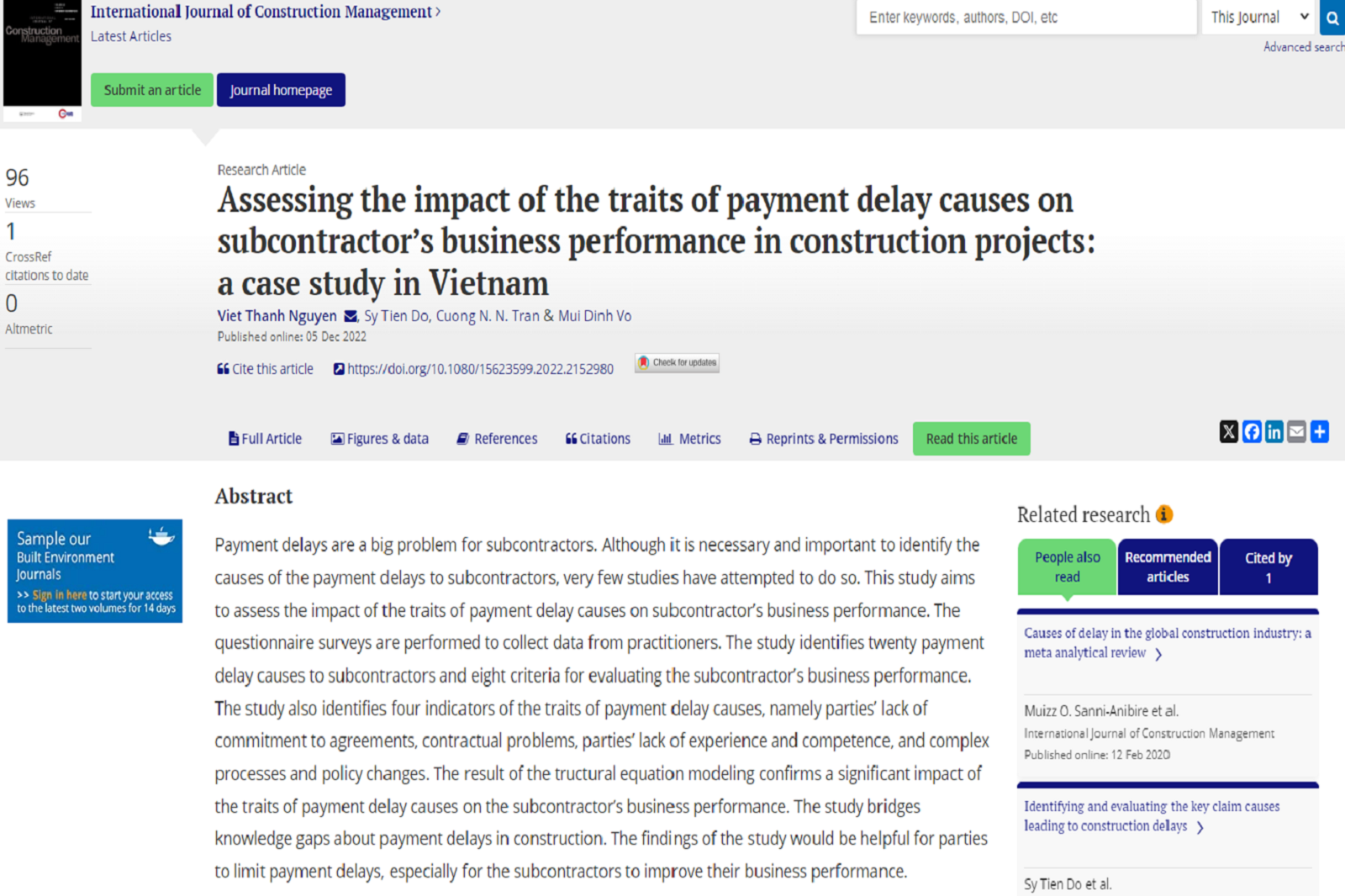 Đánh giá tác động của đặc điểm nguyên nhân chậm thanh toán đến hiệu quả kinh doanh của nhà thầu phụ trong các dự án xây dựng: Nghiên cứu trường hợp ở Việt Nam