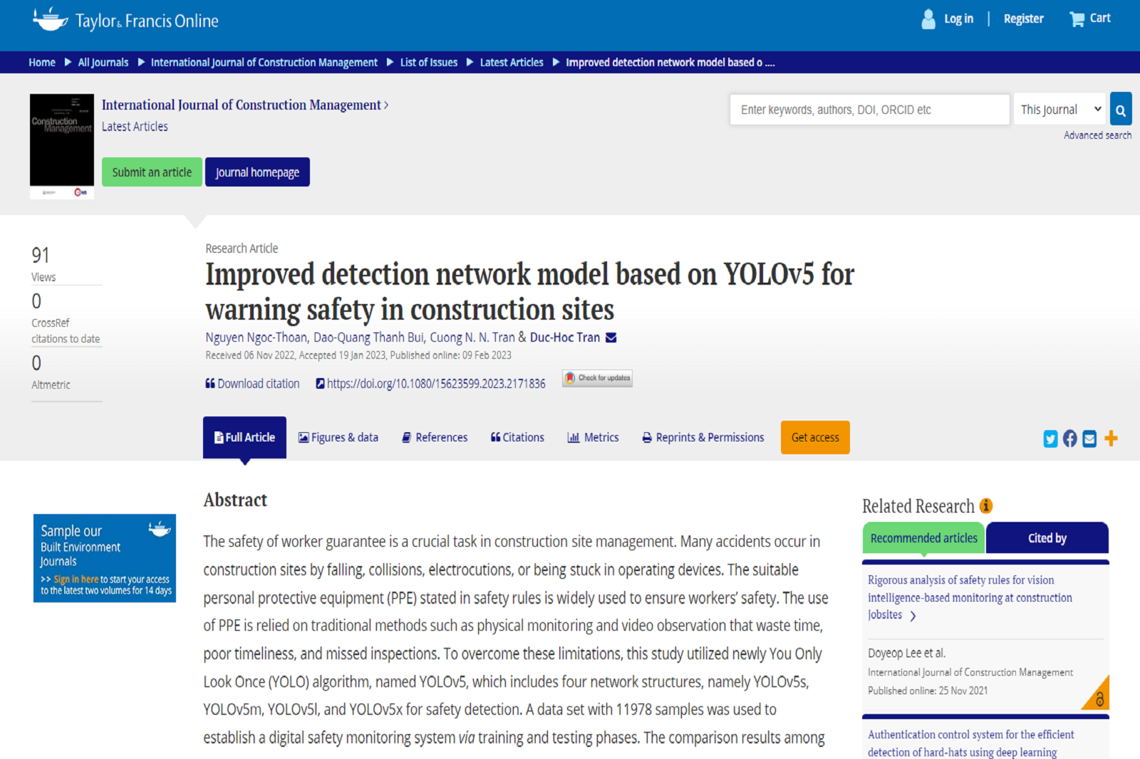 Mô hình mạng phát hiện cải tiến dựa trên phương pháp YOLOv5 để cảnh báo an toàn trong công trường