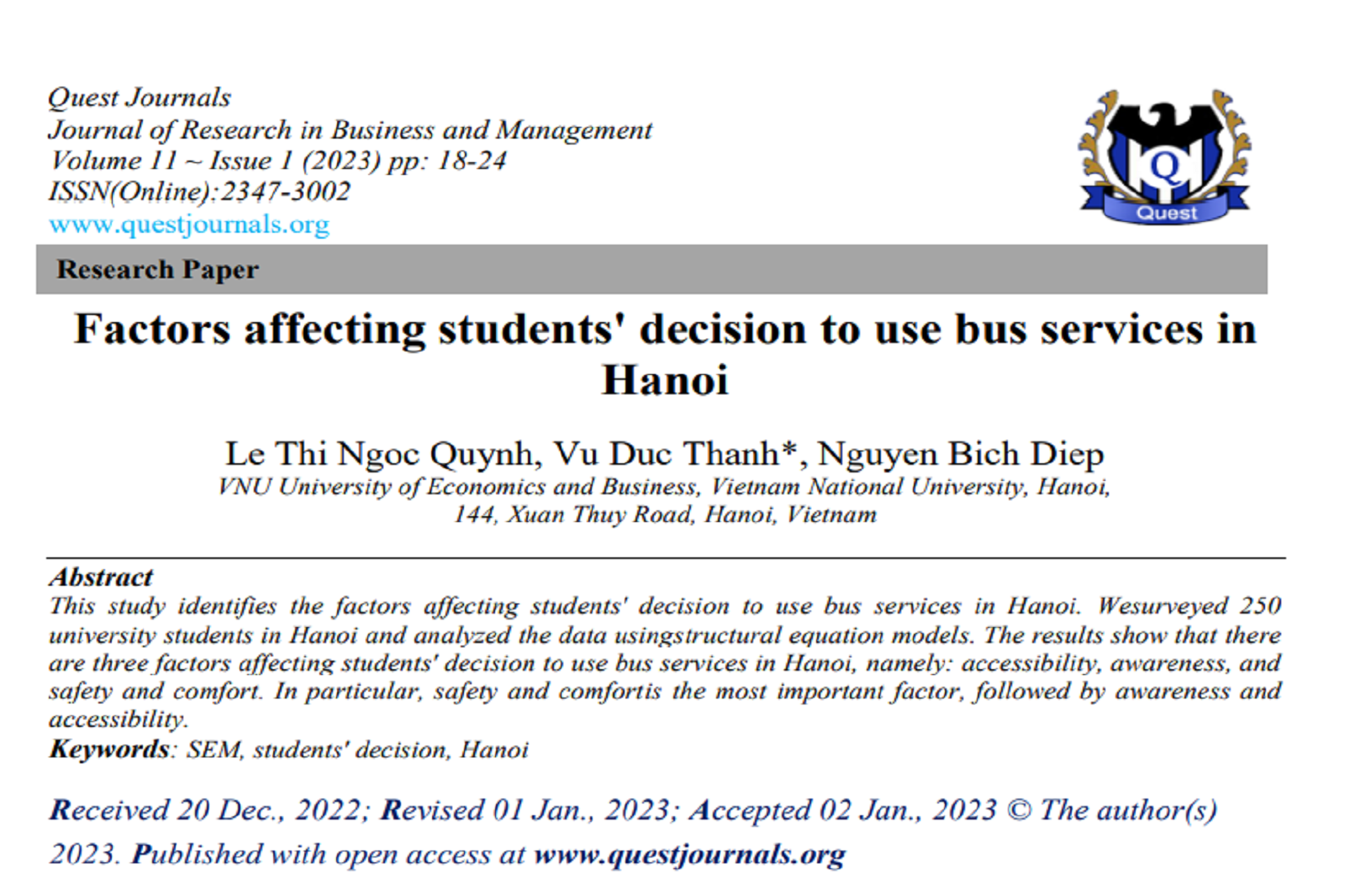 Các yếu tố ảnh hưởng đến quyết định sử dụng dịch vụ xe buýt của sinh viên tại Hà Nội