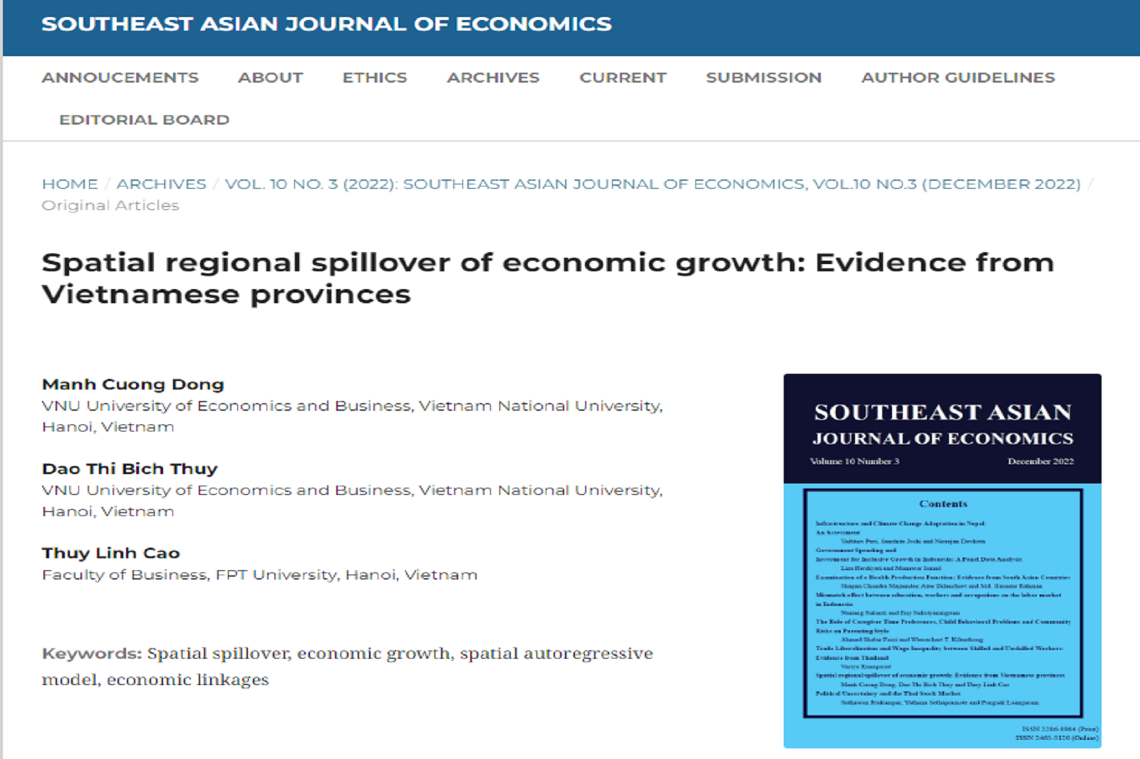 Tác động lan tỏa theo không gian của tăng trưởng kinh tế: Bằng chứng từ các tỉnh của Việt Nam