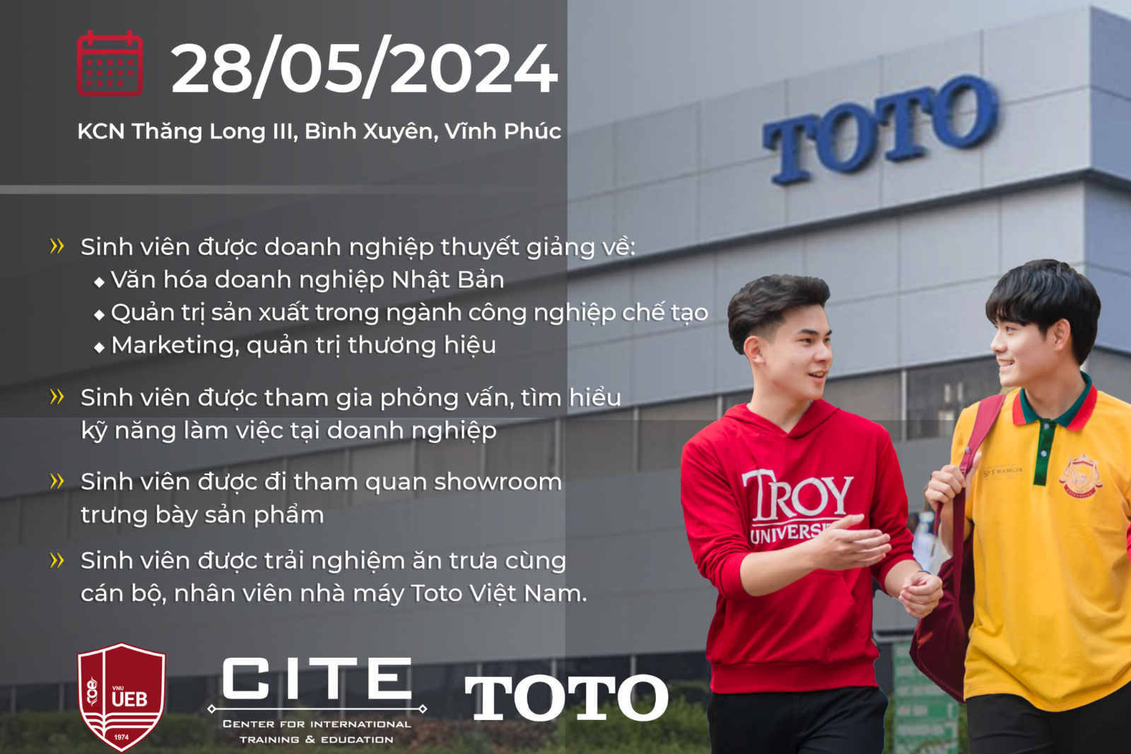 Thông báo chuyến tham quan thực tế doanh nghiệp tại Công ty Nhật Bản hàng đầu thế giới – ToTo Việt Nam dành cho sinh viên UEB - Troy và UEB - USF