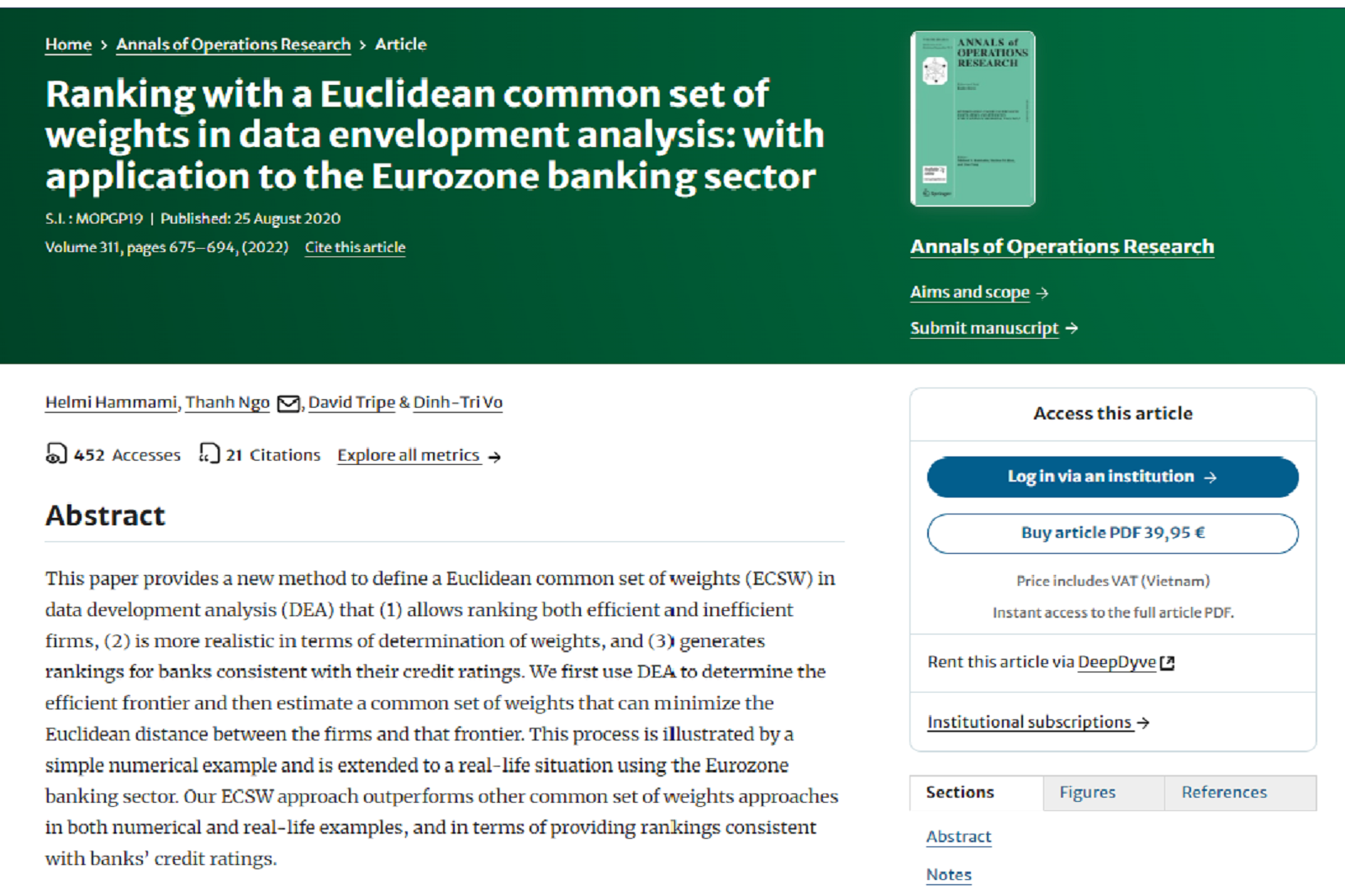 Xếp hạng sử dụng trọng số chung Euclid trong phân tích bao dữ liệu: Ứng dụng trong ngành ngân hàng Khu vực đồng tiền chung châu Âu